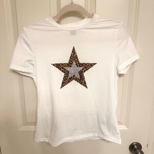 SHEIN White Graphic Tee with Leopard Print Star
